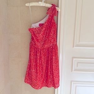 Lily Pulitzer bright pink colored lace one shoulder spring dress